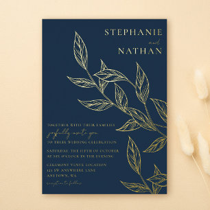 Invitation En Aluminium Simple Moderne Feuilles Bleu Marine Mariage Or