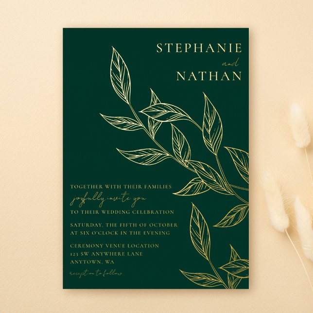 Invitation En Aluminium Simple Moderne Feuilles Émeraude Vert Mariage Or (Créateur téléchargé)