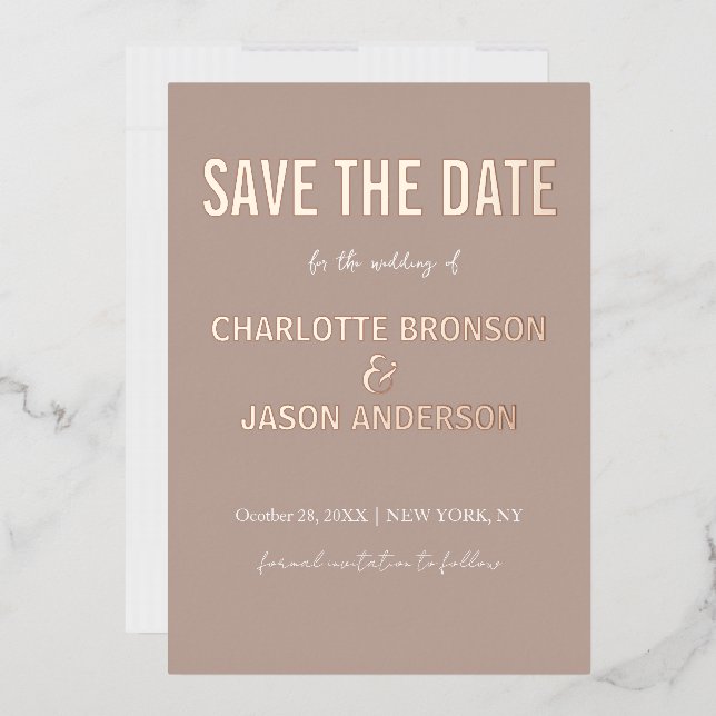 Invitation En Aluminium Simple Moderne Taupe Neutre Enregistrer La Date Or (Enveloppe)