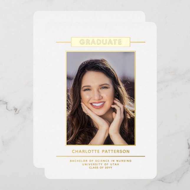 Invitation En Aluminium Simple Modernité Graduation Photo Gold Script (Recto/Verso)