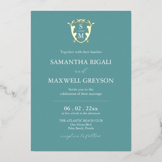 Invitation En Aluminium Simple Monogram Mariage Bleu (Recto)