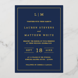 Invitation En Aluminium Simple Monogramme Bleu Marine Élégant de Mariage