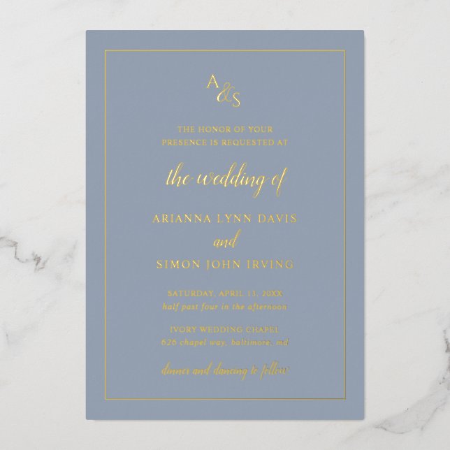 Invitation En Aluminium Simple Monogramme Bleu Poussiéreux Mariage Formel  (Recto)