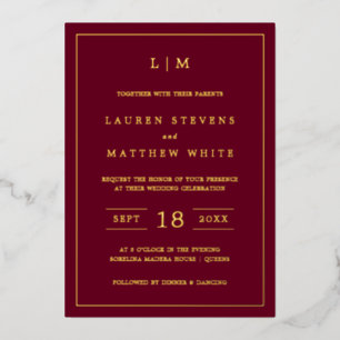Invitation En Aluminium Simple Monogramme de Bourgogne Élégant Mariage