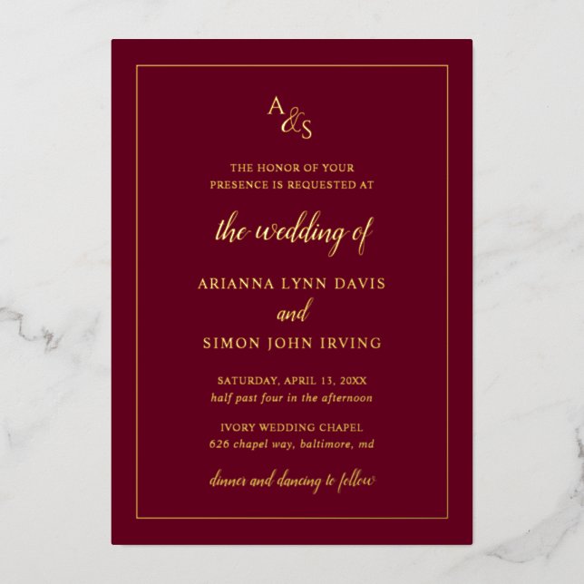 Invitation En Aluminium Simple Monogramme de Bourgogne Mariage Formel Élég (Recto)