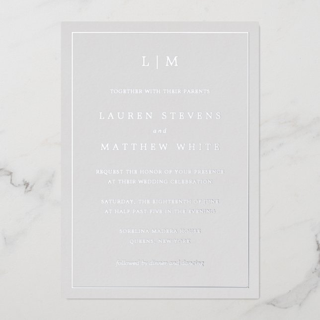 Invitation En Aluminium Simple Monogramme Gris Clair Élégant Mariage (Recto)