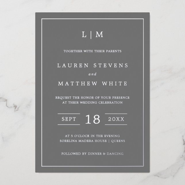 Invitation En Aluminium Simple Monogramme Gris Foncé Élégant Mariage (Recto)