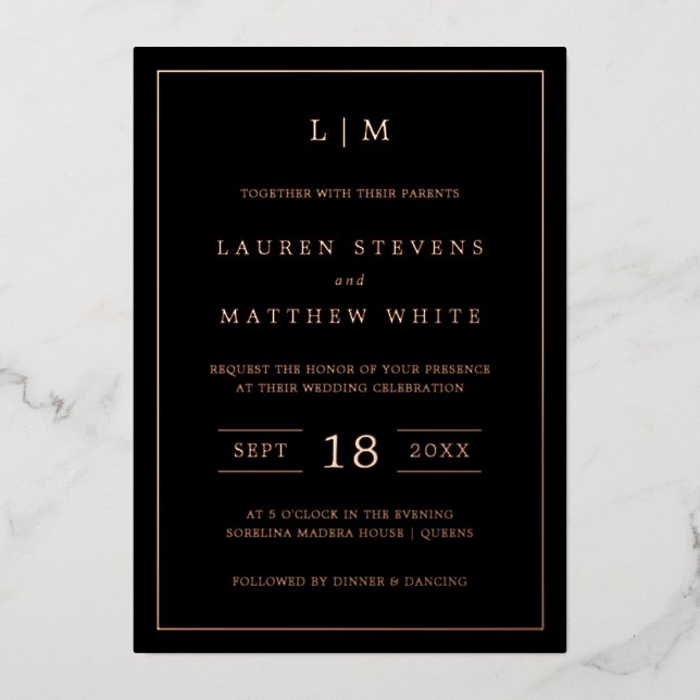 Invitation En Aluminium Simple Monogramme Noir Élégant de Mariage (Recto)