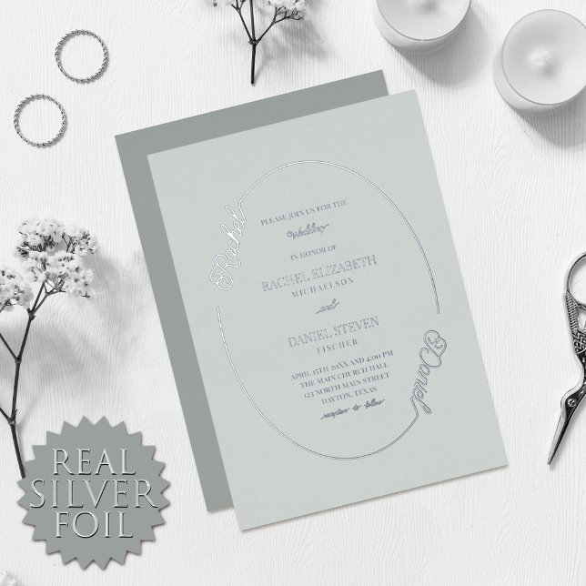 Invitation En Aluminium Simple Nom Ovale Bordure Mariage Vert Mousse Réel (Créateur téléchargé)