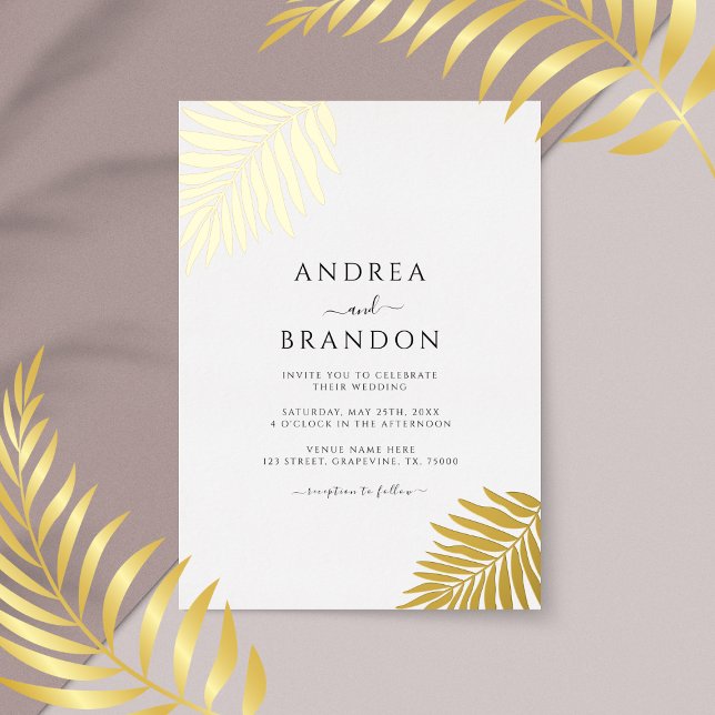 Invitation En Aluminium Simple Palm Tree Feuille Mariage Qr Code Gold (Créateur téléchargé)
