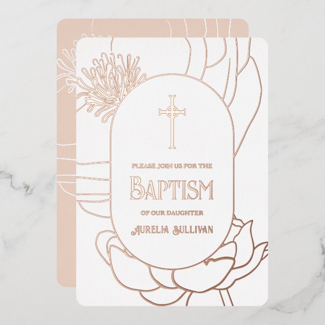 Invitation En Aluminium Simple Rose Gold Blanc Baptême Feuille (Recto/Verso)