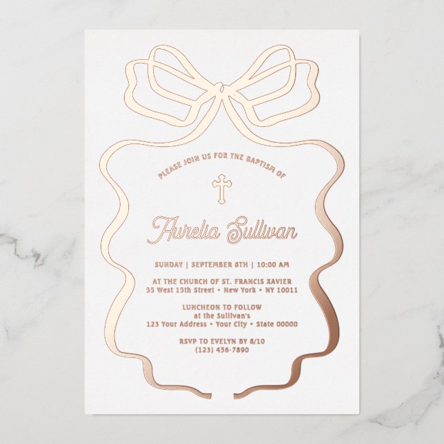 Invitation En Aluminium Simple Rose Gold Bow Baptême (Recto)