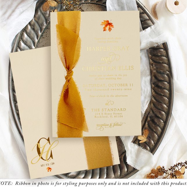 Invitation En Aluminium Simple Ruban De Feuille De Chute Crème Automne Mar (Simple Fall leaf (Add your own ribbon!) monogram elegant cream Autumn wedding gold foil invitation)