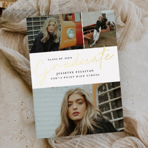 Invitation En Aluminium Simple Script 3 Photo Graduation Party