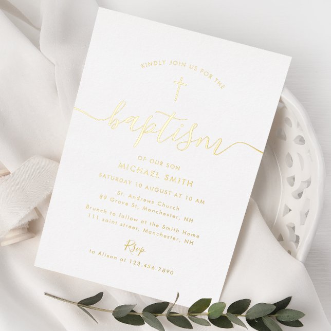 Invitation En Aluminium simple script croix d'or baptême (Créateur téléchargé)
