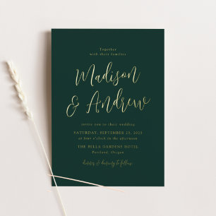 Invitation En Aluminium Simple Script Forest Green et Gold Wedding