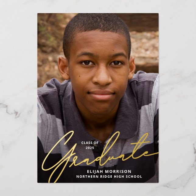 Invitation En Aluminium Simple Script Gold Foil Photo Graduation Party (Recto)