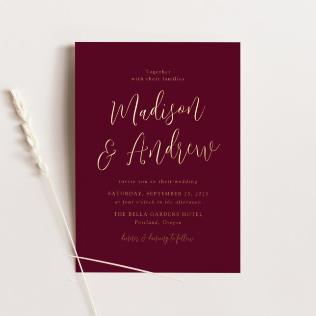 Invitation En Aluminium Simple Script Mariage Bordeaux et Or (Créateur téléchargé)