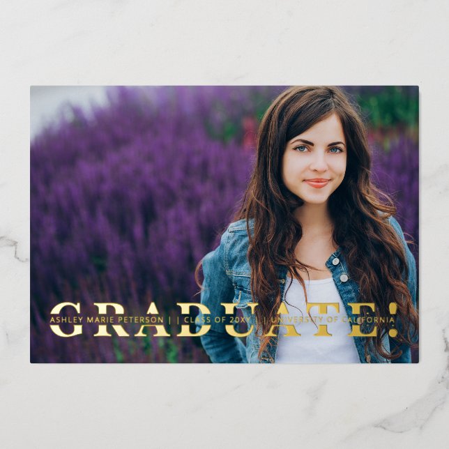 Invitation En Aluminium Simple Split Gold Script Photo Graduation Foil I (Recto)