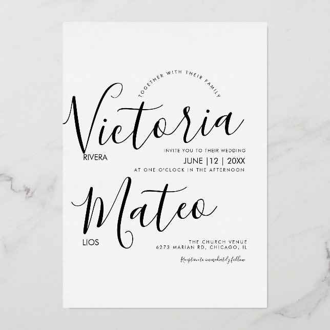 Invitation En Aluminium Simple Typographie De Mariage Noir Et Blanc Script (Recto)