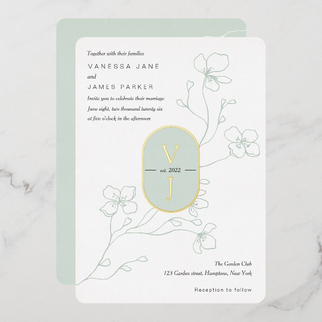 Invitation En Aluminium Simple vert sauge moderne mariage or (Recto/Verso)