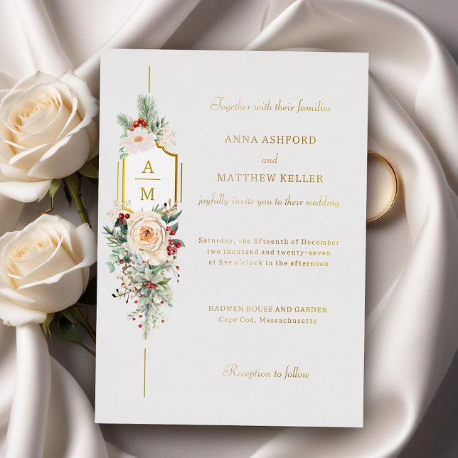 Invitation En Aluminium Simplement Élégant Monogramme Floral de Noël (Créateur téléchargé)