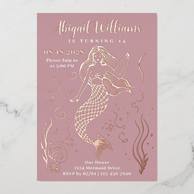 Invitation En Aluminium Sirène rose glamour sous la mer Anniversaire (Recto)