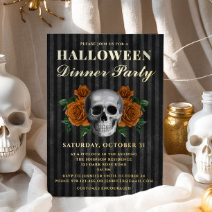 Invitation En Aluminium Skull Orange Roses Halloween Dinner Party Gold