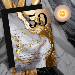 Invitation En Aluminium Sleek Or Marbre Blanc 50ème anniversaire de mari