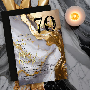 Invitation En Aluminium Sleek Or Moderne Anniversaire 70 ans Marbre Blan