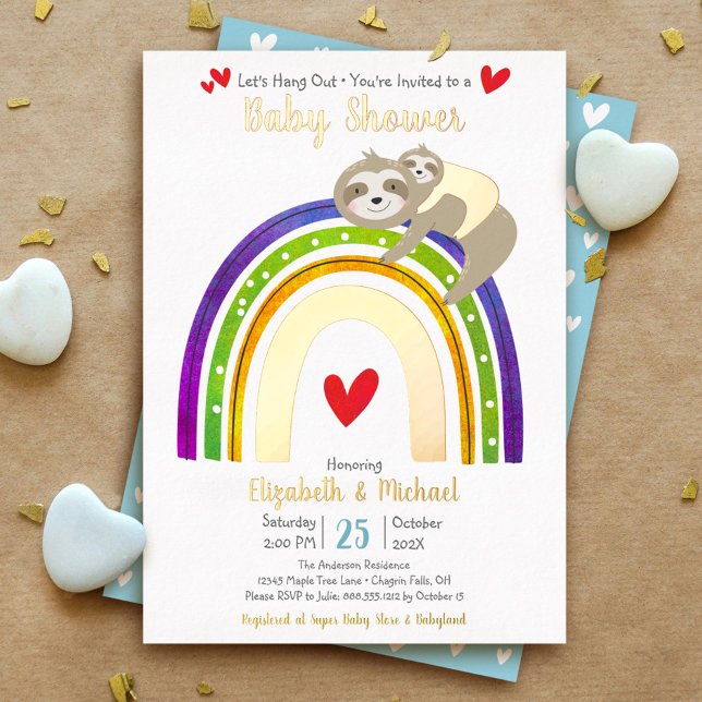 Invitation En Aluminium Sloth Rainbow Heart Boy Baby shower Cute Real Gold (Créateur téléchargé)