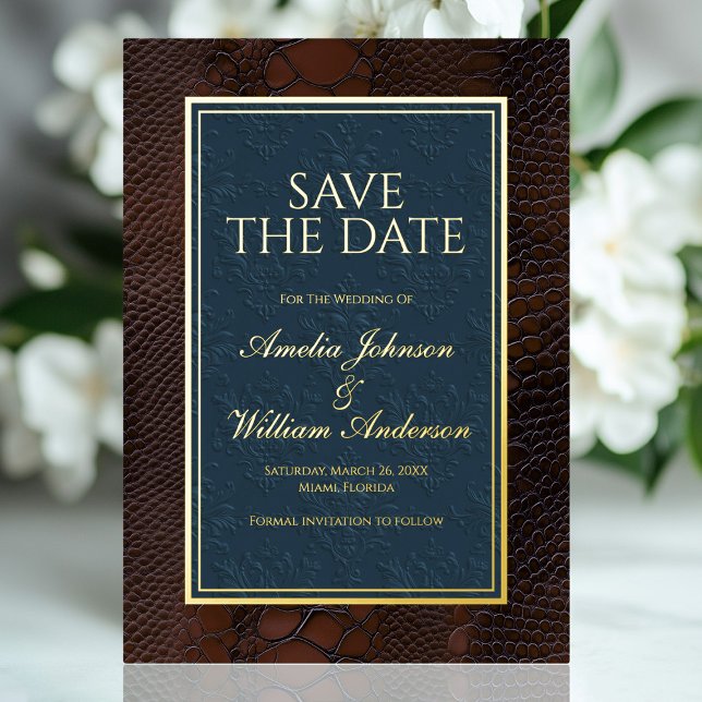 Invitation En Aluminium Snakeskin Cuir Victorien Brown Enregistrer La Date (Snakeskin Leather Victorian Brown Save The Date Foil Invitation)