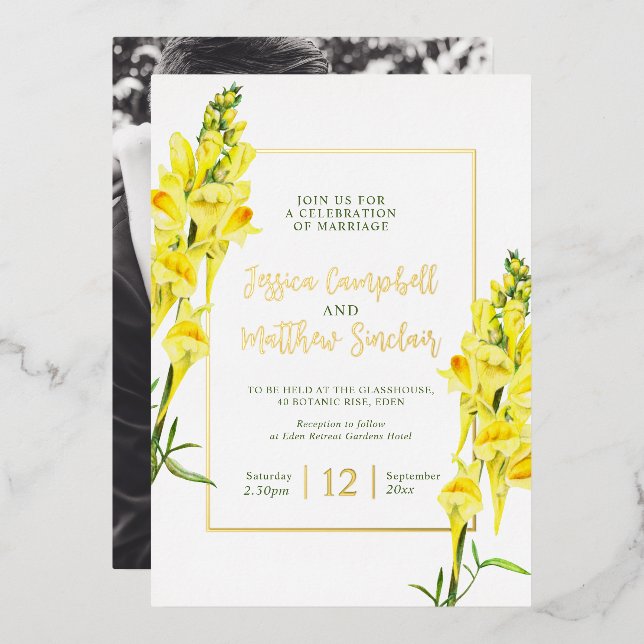 Invitation En Aluminium Snapdragon fleurs jaunes et or mariage d'été (Recto/Verso)