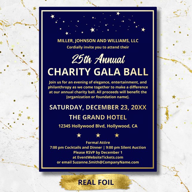 Invitation En Aluminium Société Charity Gala Bal Elégant bleu Personnalisé (Company Annual Charity Gala Ball elegant custom gold foil invitation with matching envelope.)
