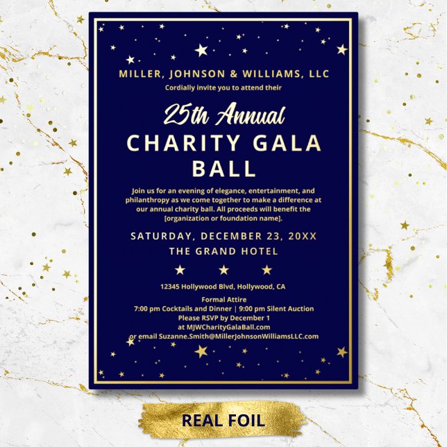 Invitation En Aluminium Société Charity Gala Bal Elégant bleu Personnalisé (Company Annual Charity Gala Ball elegant custom gold foil invitation with matching envelope.)