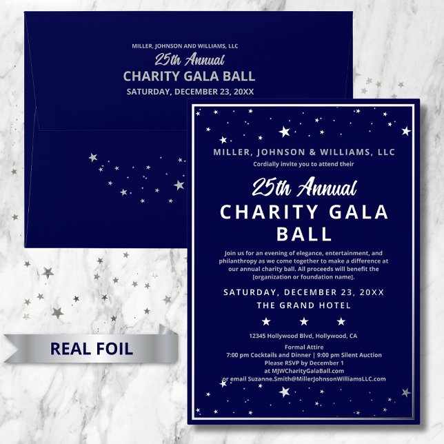 Invitation En Aluminium Société Charity Gala Ball Elegant Bleu Argent (Elegant Silver Foil Annual Charity Gala Ball Custom invitation. Matching envelopes sold separately.)