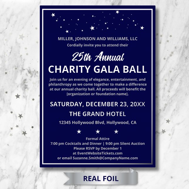 Invitation En Aluminium Société Charity Gala Ball Elégant Custom Silver (Charity Gala Ball custom elegant silver foil invitations, also for Company and Retirement Parties.)