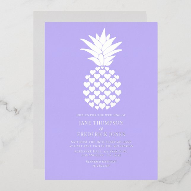 Invitation En Aluminium Soft Lilac & Silver Tropical Pineapple Wedding (Recto/Verso)