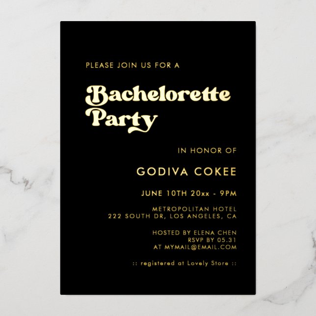 Invitation En Aluminium Soirée Bachelorette Soirée Noire & Or (Recto)
