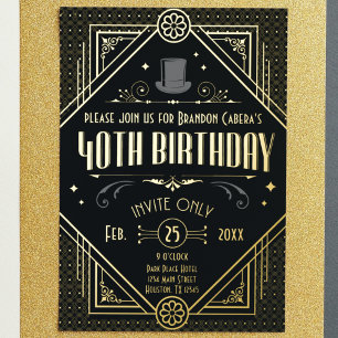 Invitation En Aluminium Soirée d'anniversaire des 40 ans Art déco noir et