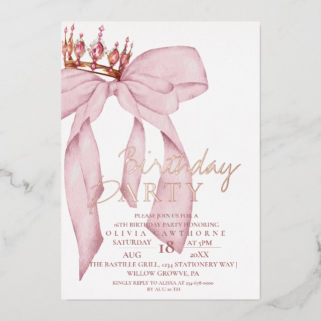 Invitation En Aluminium Soirée d'Anniversaire Rose Rose Gold Bow (Recto)