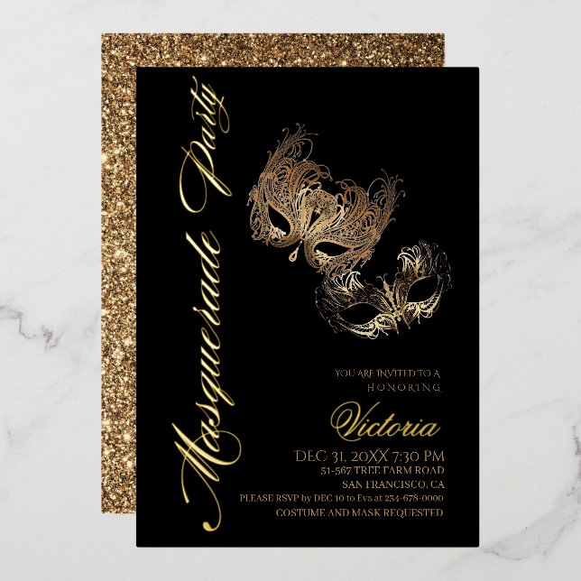 Invitation En Aluminium Soirée de Mascarade en Or  (Recto/Verso)
