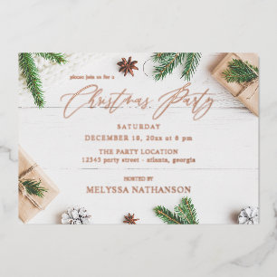 Invitation En Aluminium Soirée de Noël des Feuilles de pin rustique