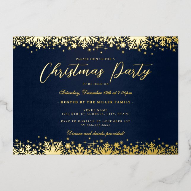 Invitation En Aluminium Soirée de Noël Elegant Gold Navy (Recto)
