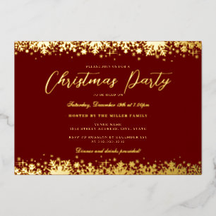 Invitation En Aluminium Soirée de Noël Elegant Gold Red Snowflake