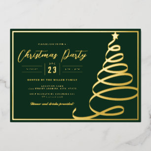 Invitation En Aluminium Soirée de Noël Elegant Green Gold Tree