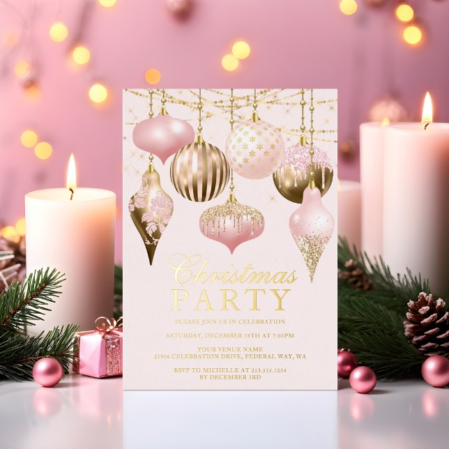 Invitation En Aluminium Soirée de Noël élégante en or rose pâle (Elegant Blush Pink Gold Ornaments Christmas Party Foil Invitation)