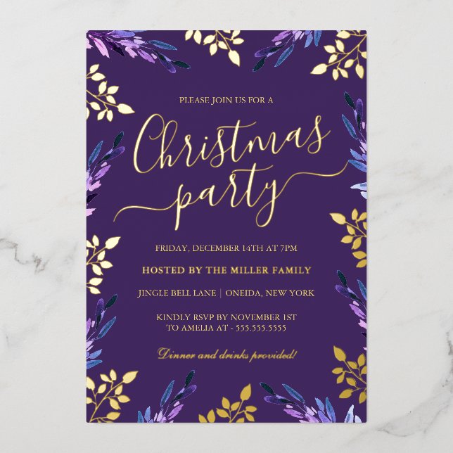 Invitation En Aluminium Soirée de Noël Feuille d'or violet (Recto)