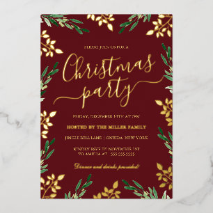 Invitation En Aluminium Soirée de Noël Red Gold Green Leaf