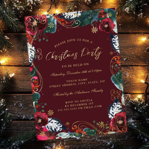 Invitation En Aluminium Soirée de Noël Rouge or Vert Floral